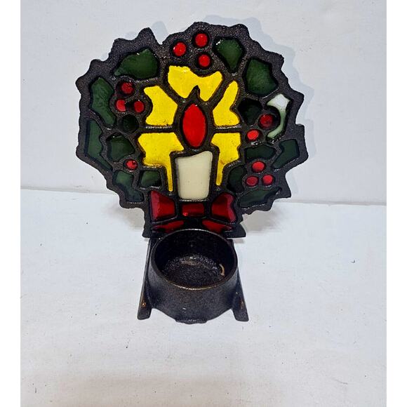 VINTAGE Stained Glass Cast Iron Christmas Wreath Tea Light Votive Candle Holder - Picture 2 of 3